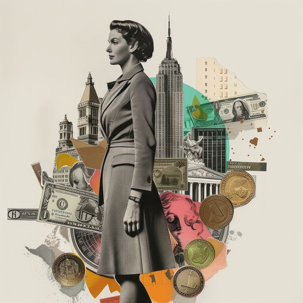 Paper collage of businesswomen money adult cash.