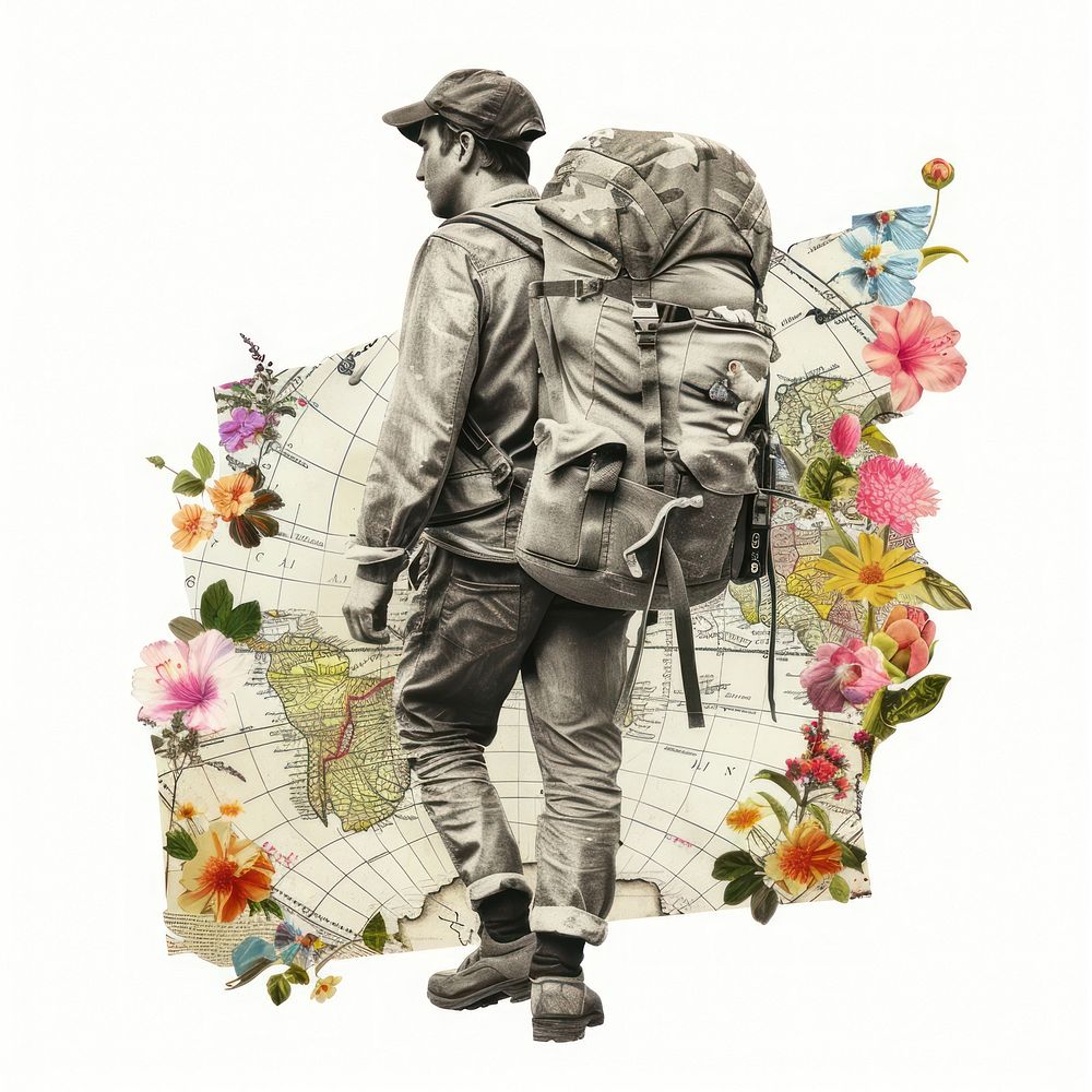 Collage of traveler man flower backpack plant.