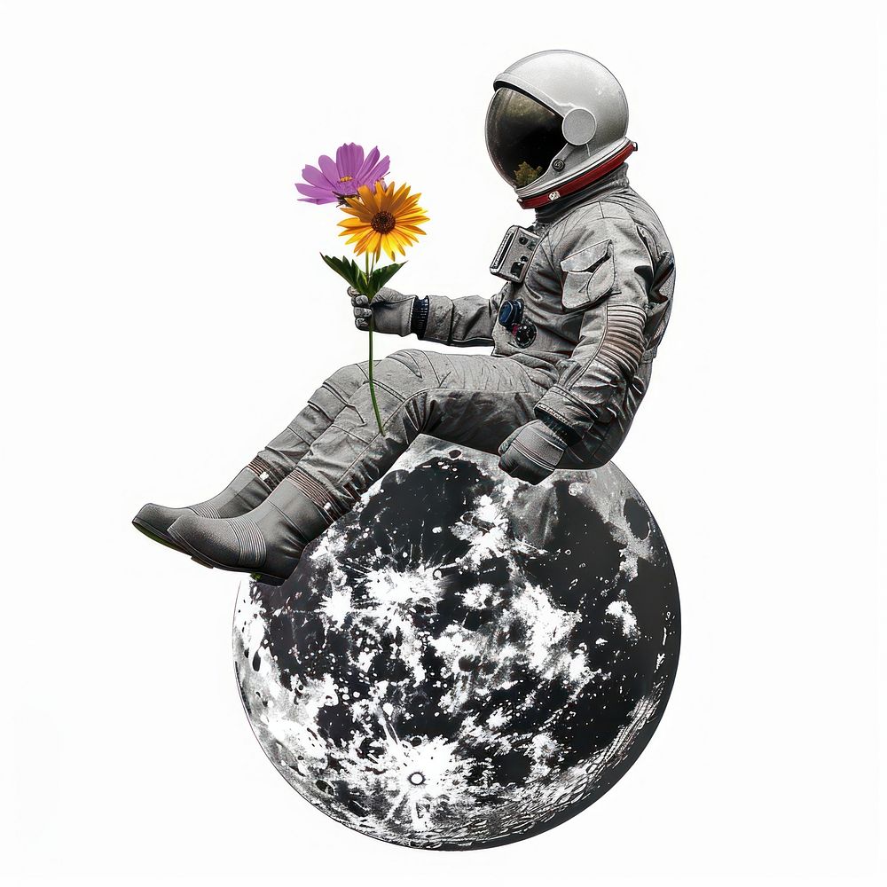 Paper collage of astronaut flower sitting sphere.