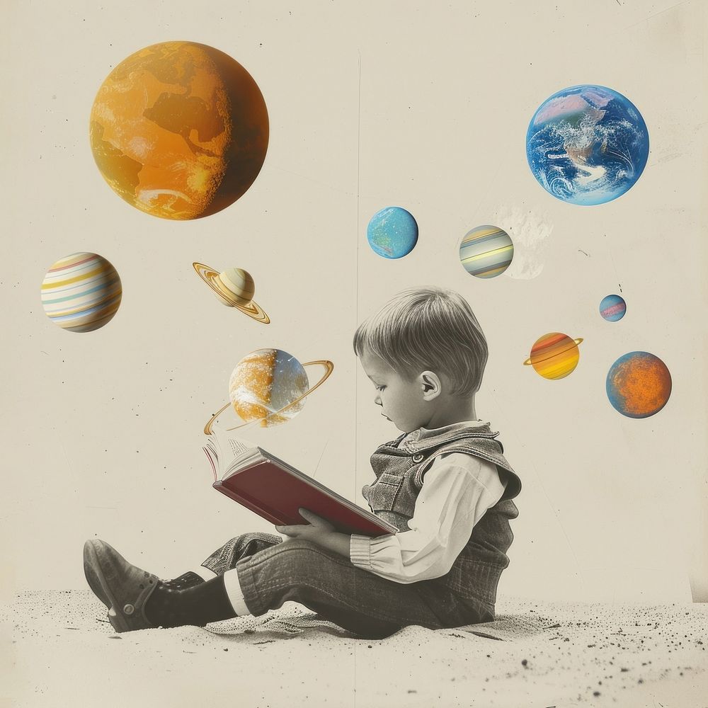 Collage of kid reading a book publication planet child.