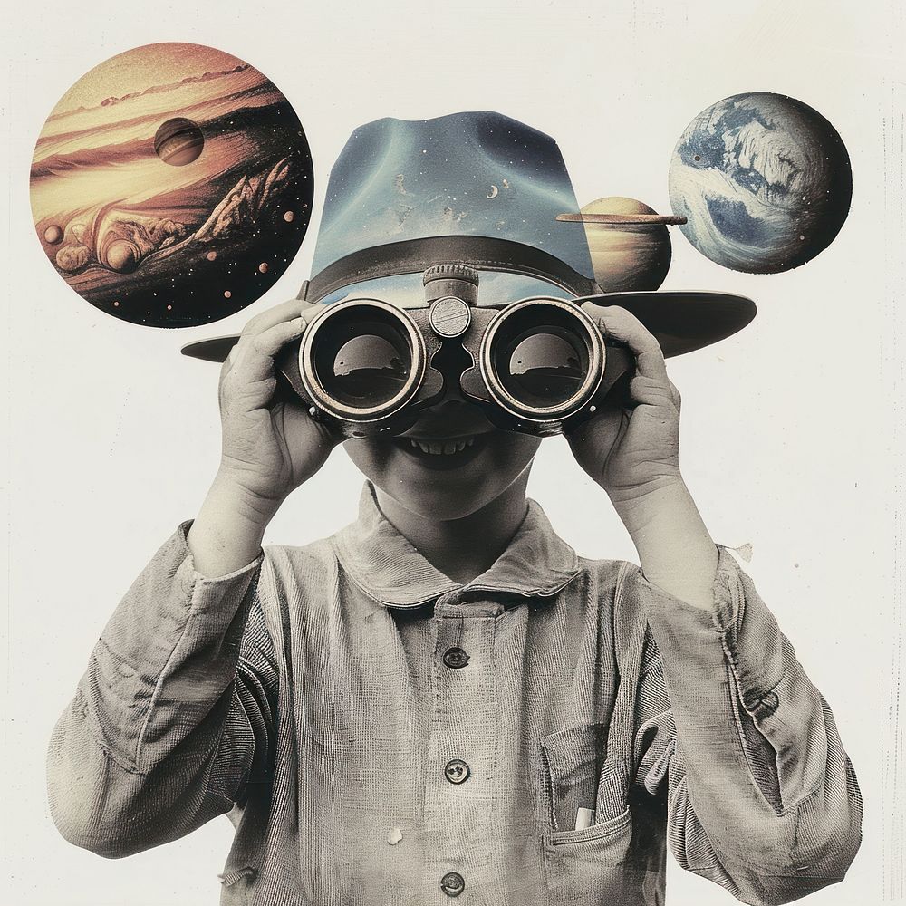 Smiling kid holding binoculars astronomy adult space.
