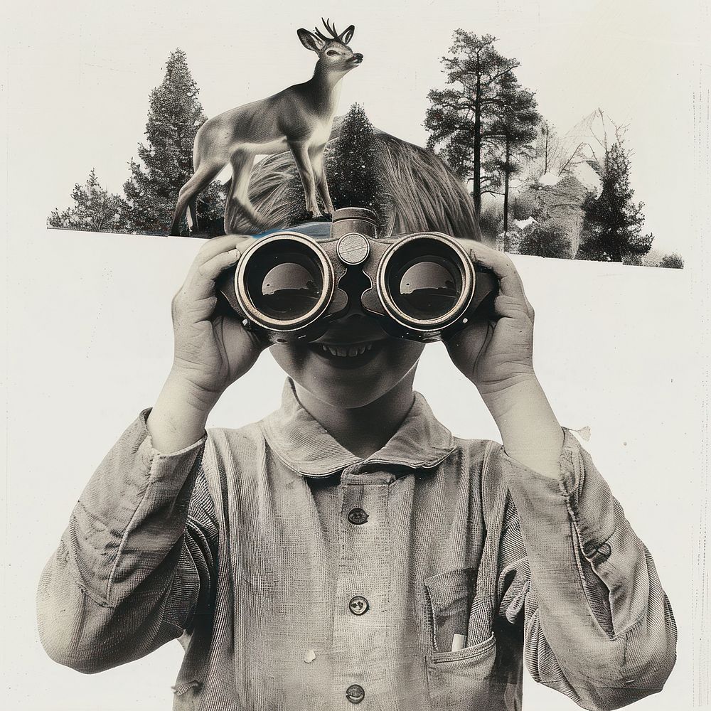 Smiling kid holding binoculars portrait animal photo.