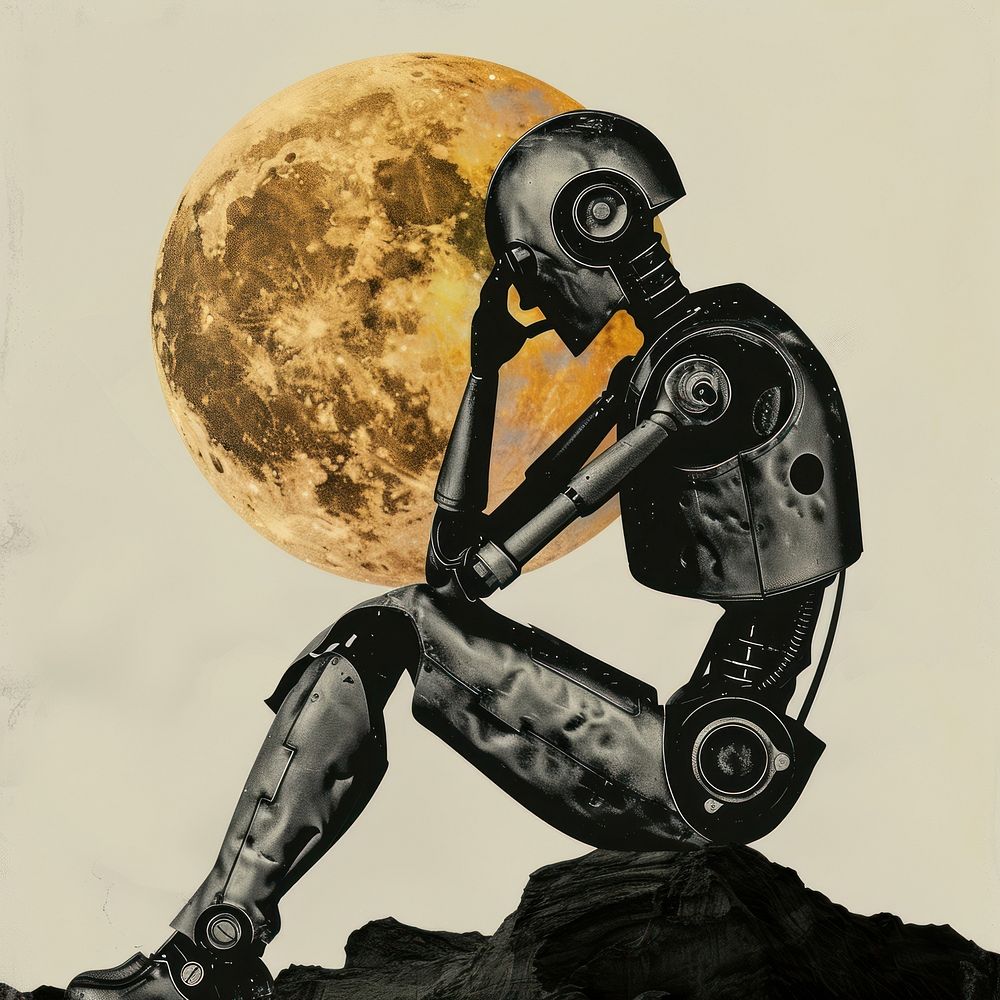Paper collage of robot astronomy moon representation.