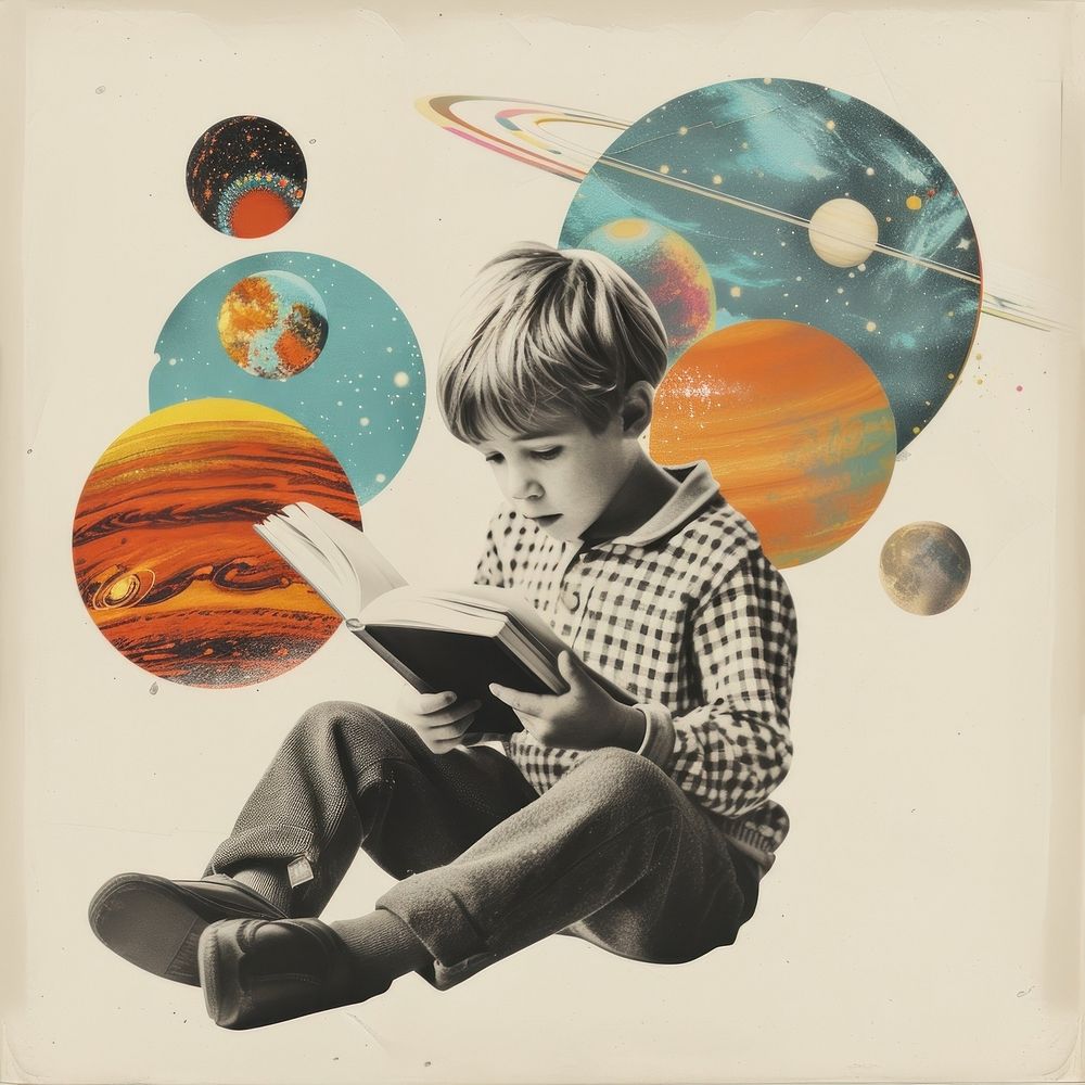 Collage of kid reading a book child space art.