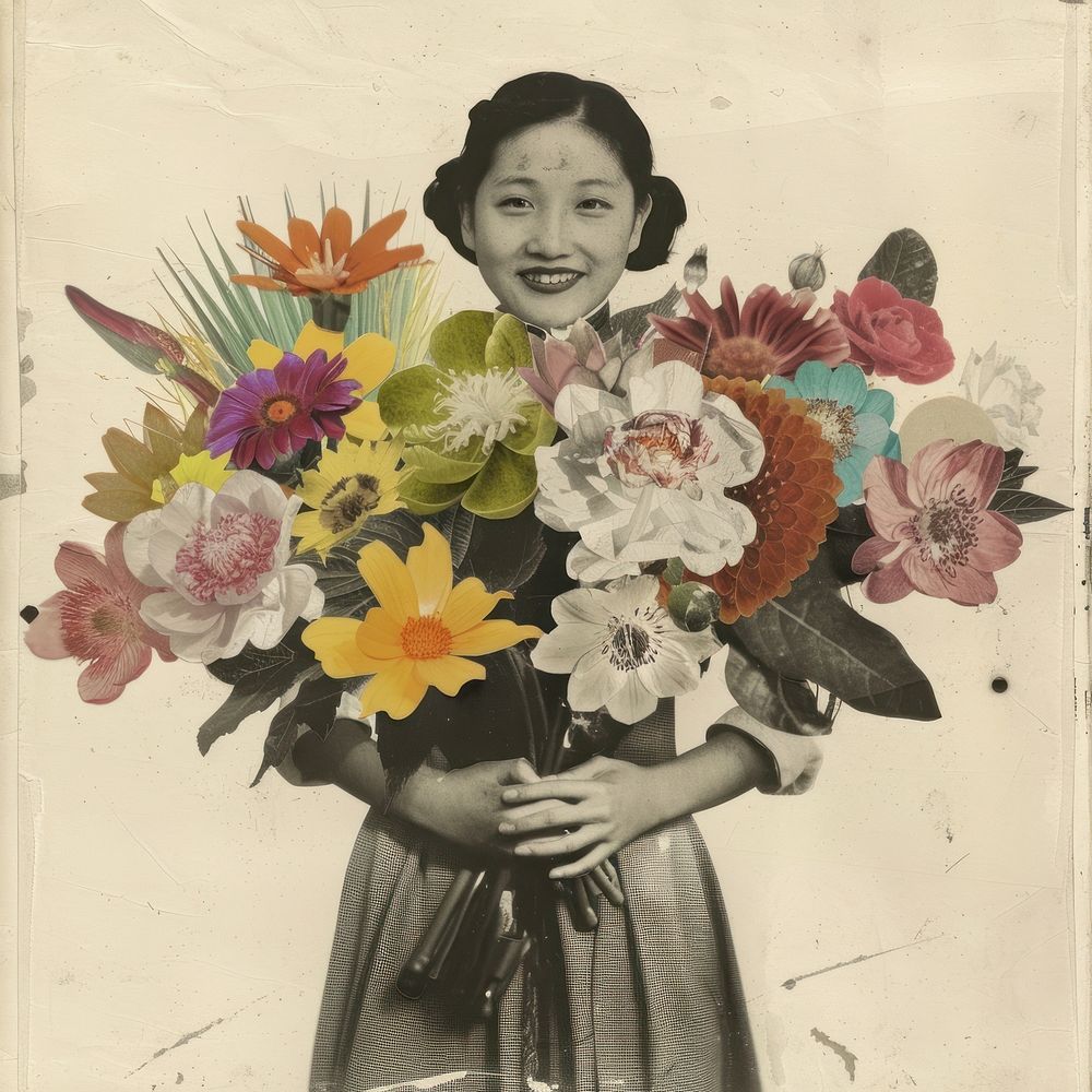 Collage of happy young Asian women flower portrait painting.