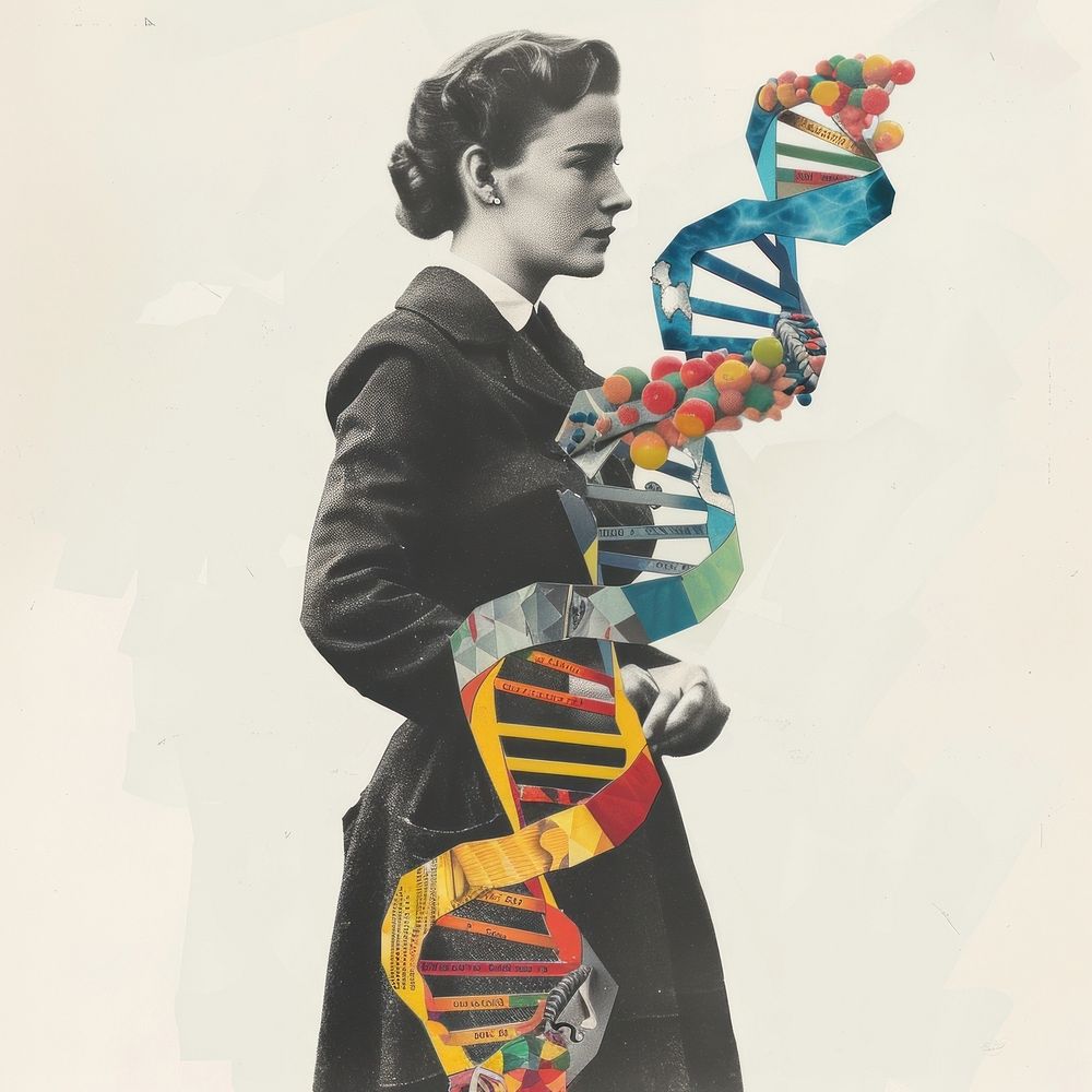 Paper collage of woman scientist photo art advertisement.