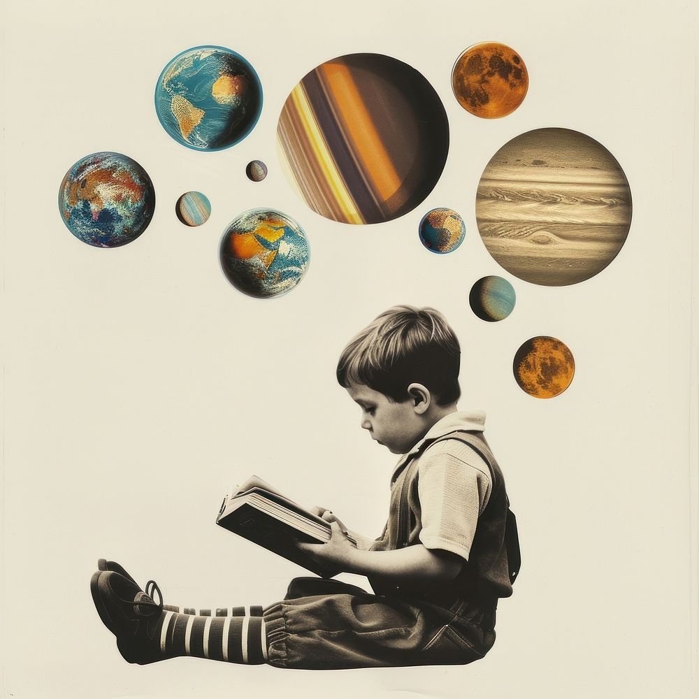Collage of kid reading a book planet child space.