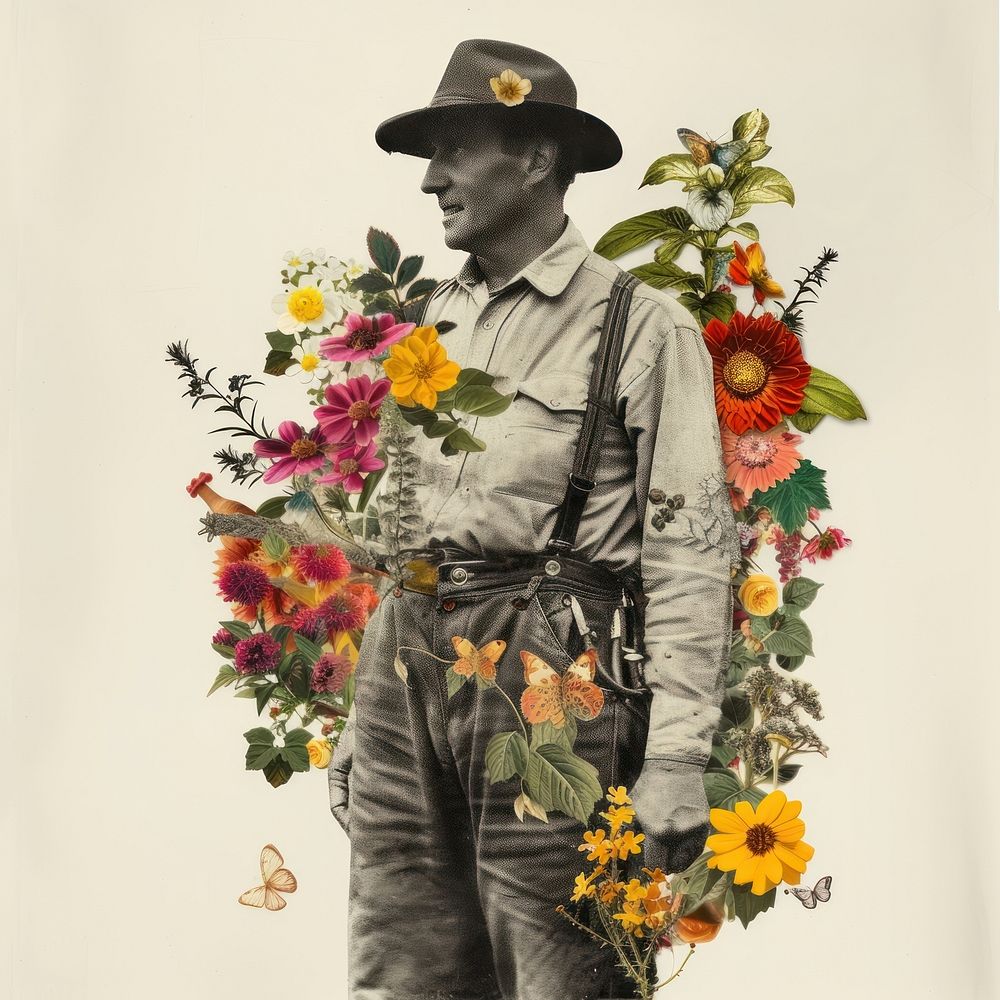 Paper collage of farmer nature sunflower portrait.