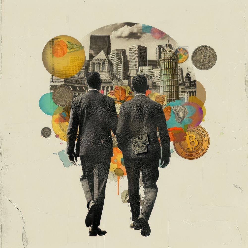 Paper collage of businessmans walking poster adult.