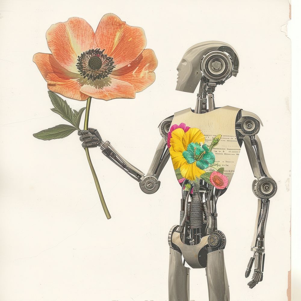 Paper collage of robot flower plant art.