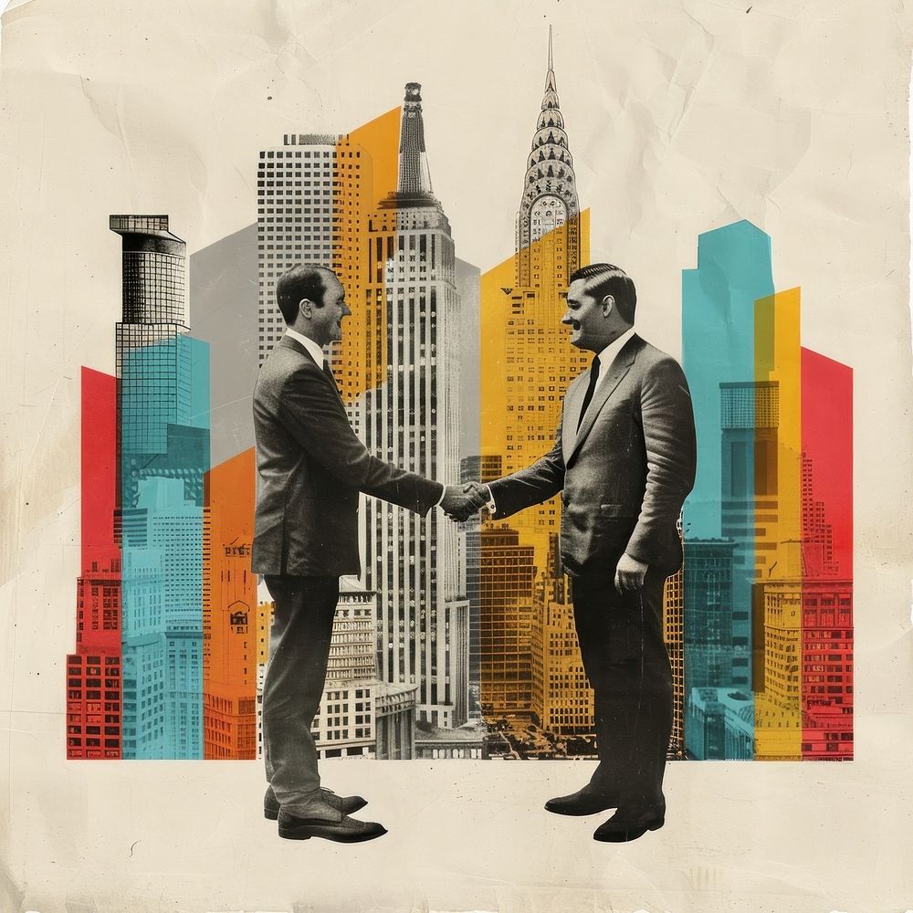 Paper collage of two businessmen skyscraper poster adult.