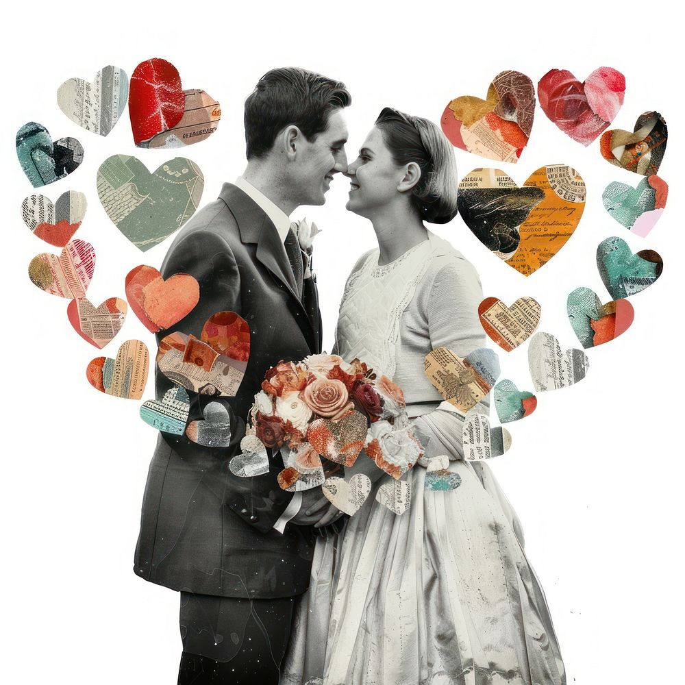 Collage of happy young couple married kissing wedding.