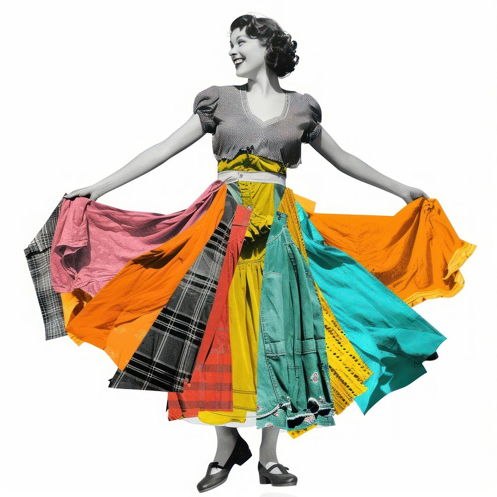 Collage of happy young woman dancing dress skirt.