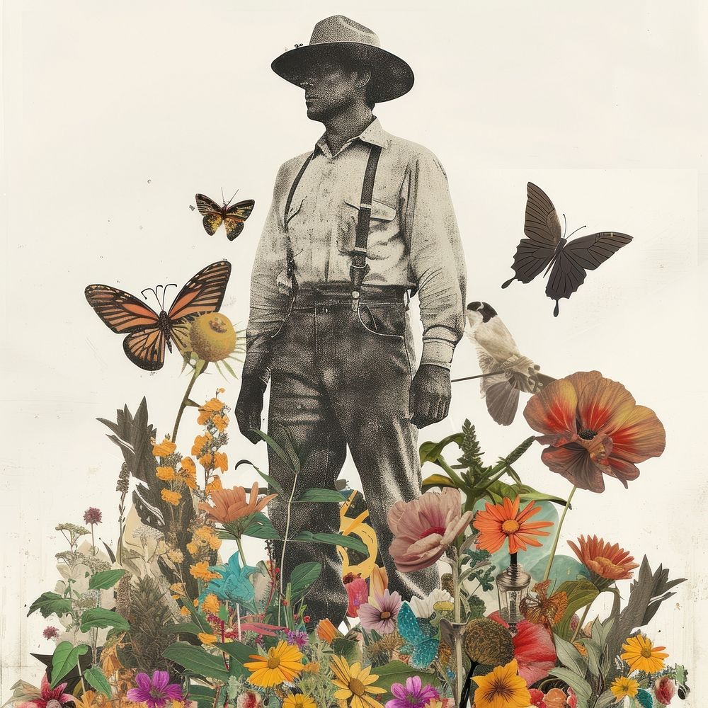 Paper collage of farmer nature butterfly outdoors.