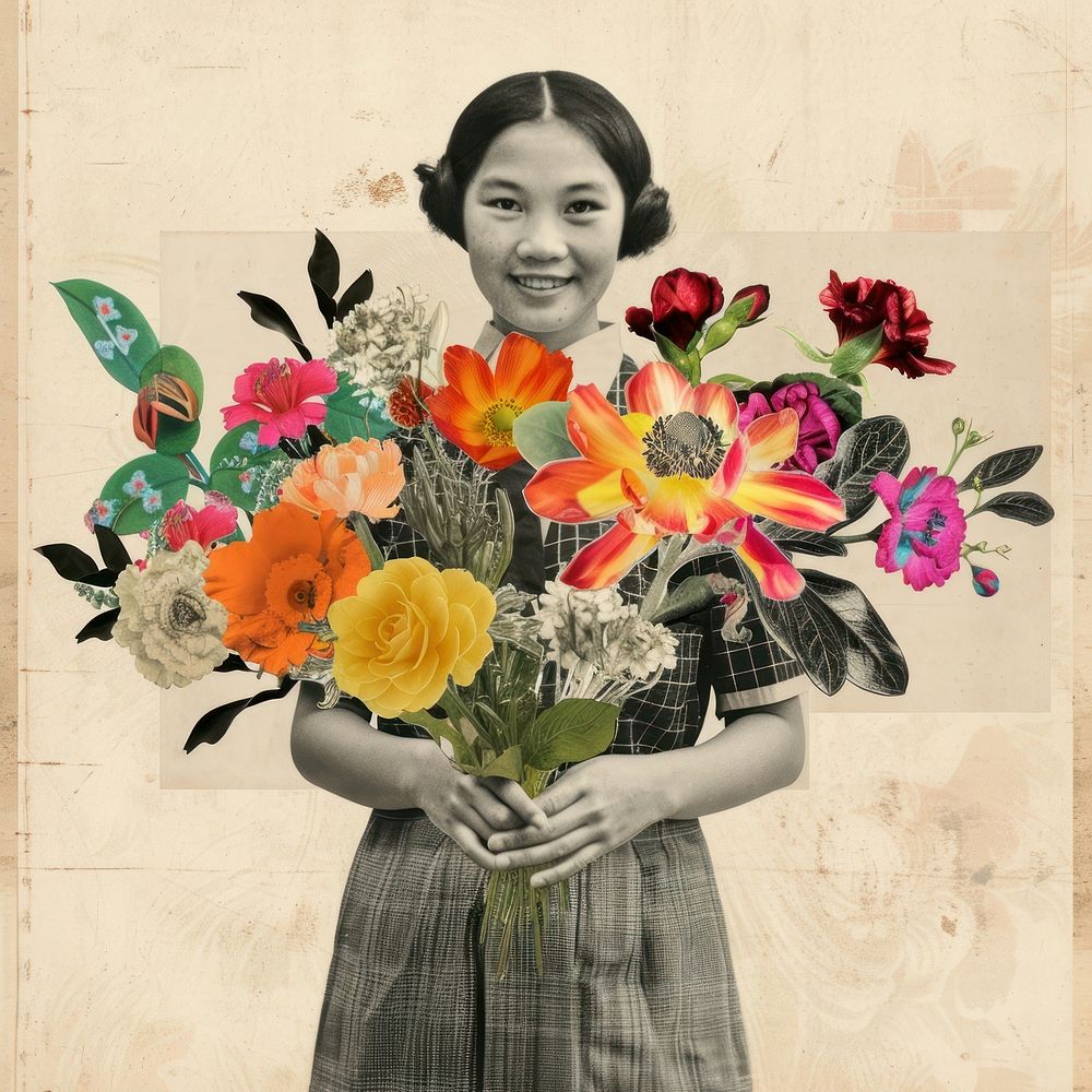Collage of happy young Asian women flower portrait painting.