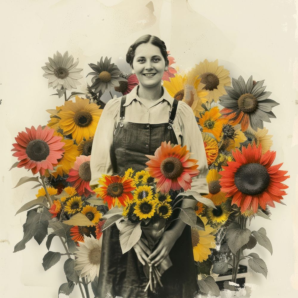 Collage of happy women sunflower portrait plant.