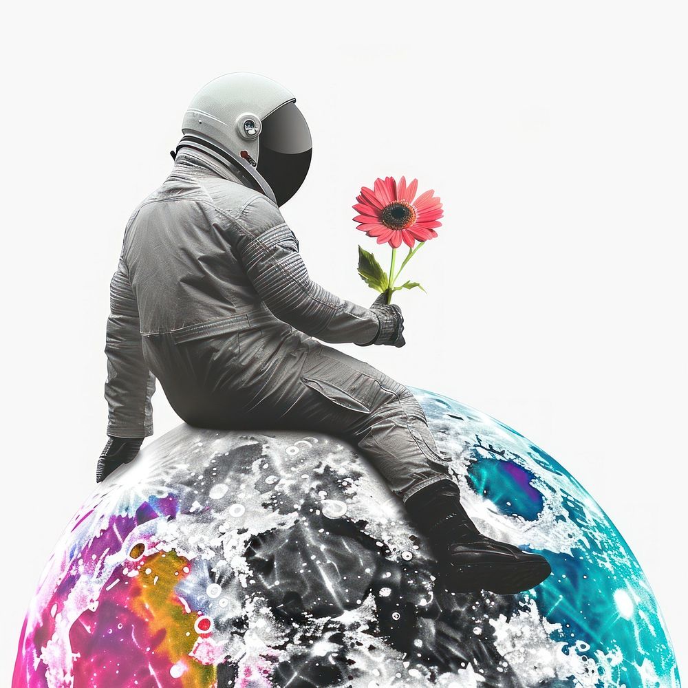 Paper collage of astronaut flower outdoors sitting.