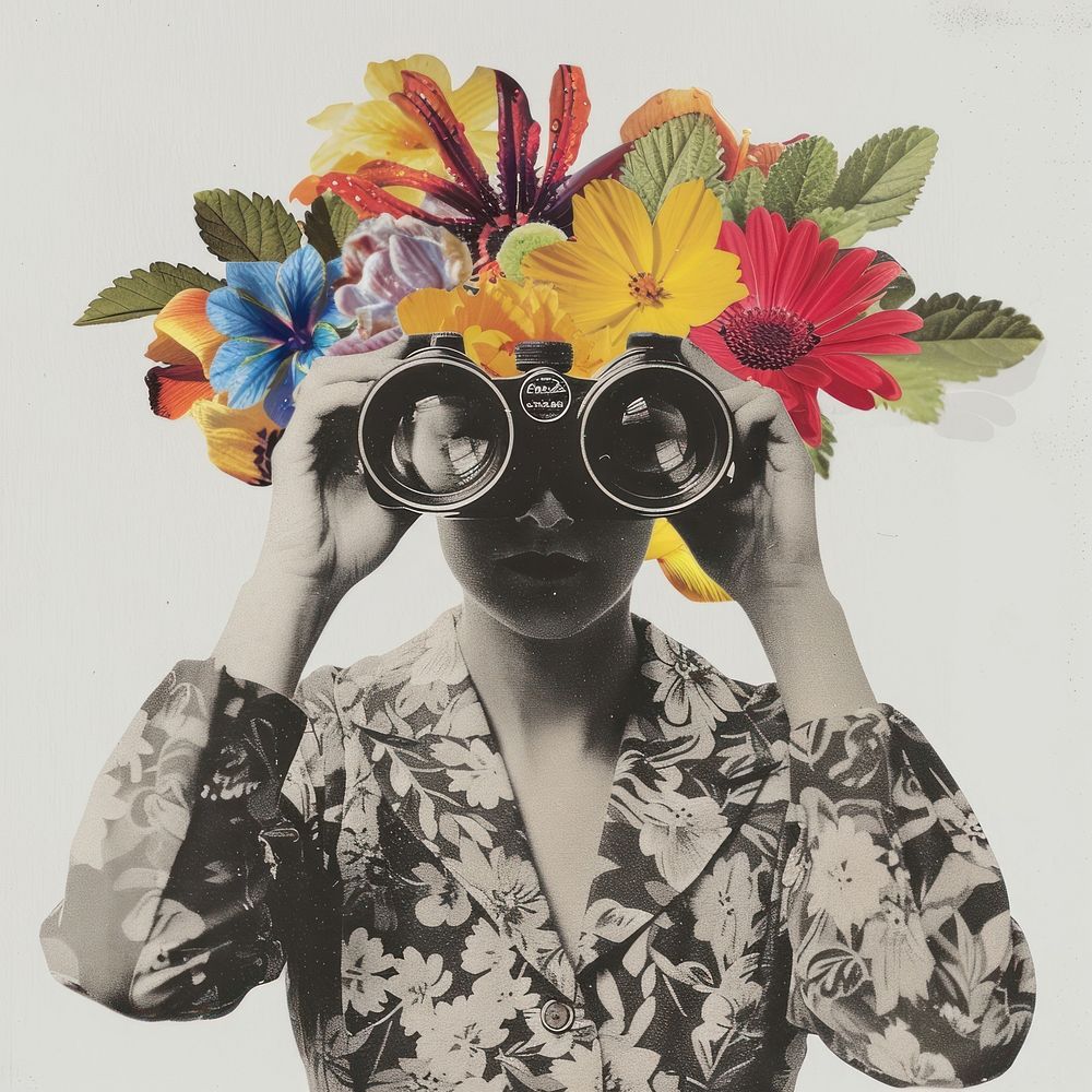 Woman holding binoculars flower plant photo.
