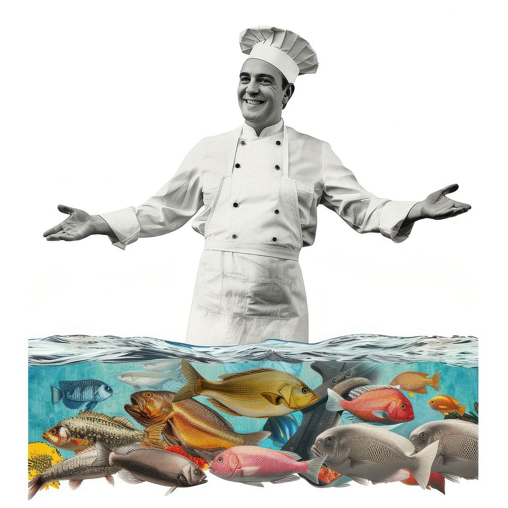 Collage of happy chef fish portrait photo.