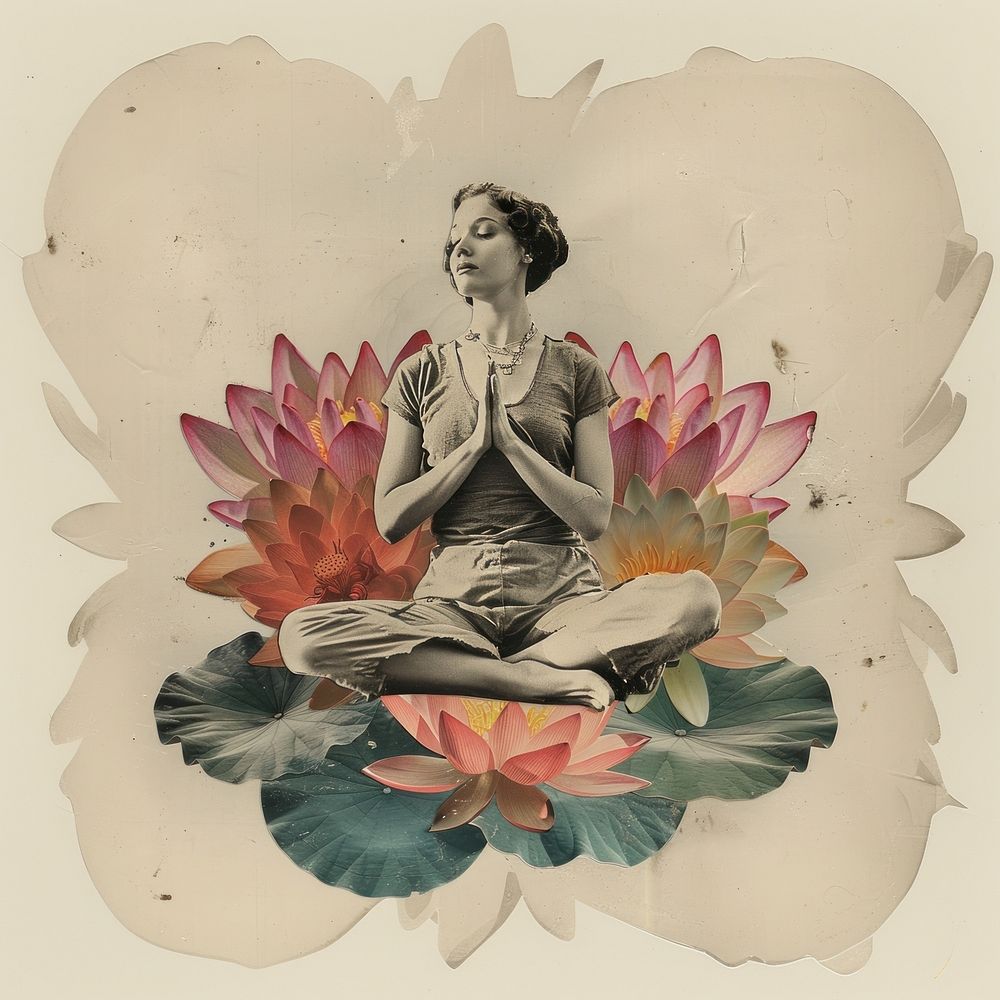 Paper collage of woman flower meditating painting.