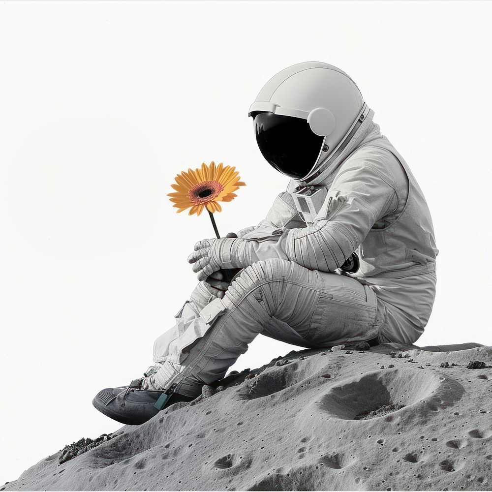 Collage of astronaut flower outdoors sitting.