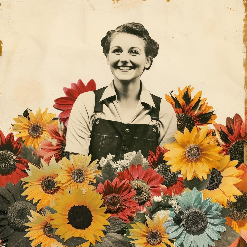 Collage of happy women sunflower portrait plant.