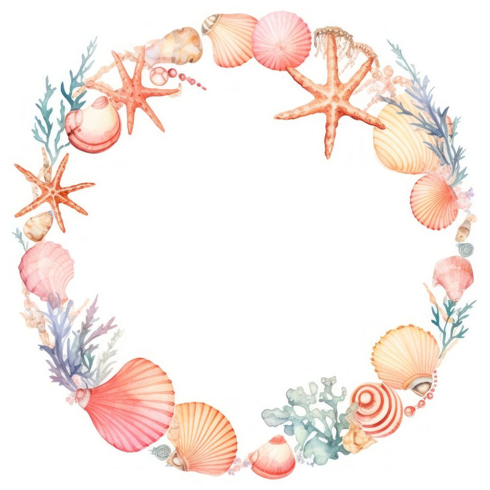 Coral and shells circle border pattern wreath white background.