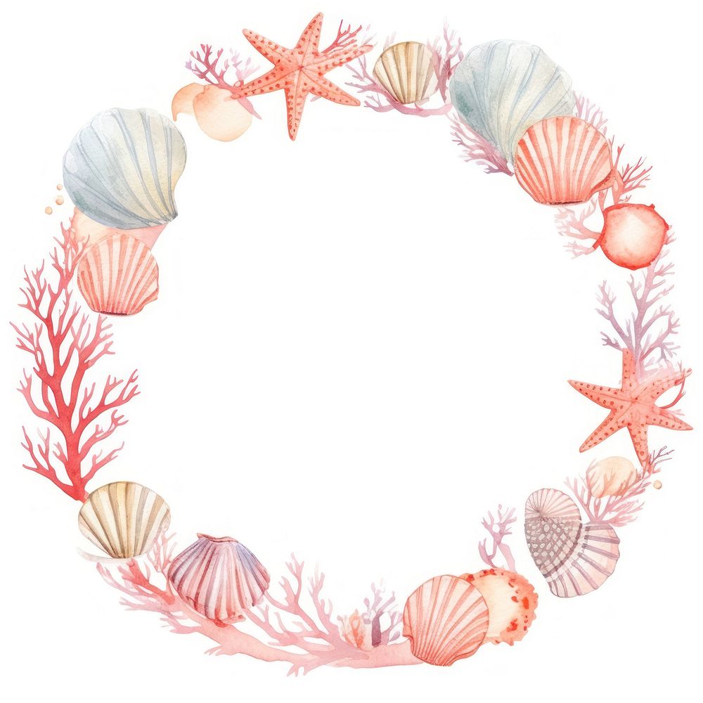 Coral and shells circle border pattern white background invertebrate.