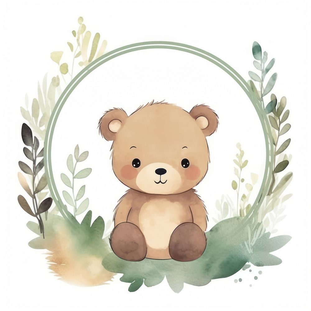 Bear in jungle circle border cute toy representation.