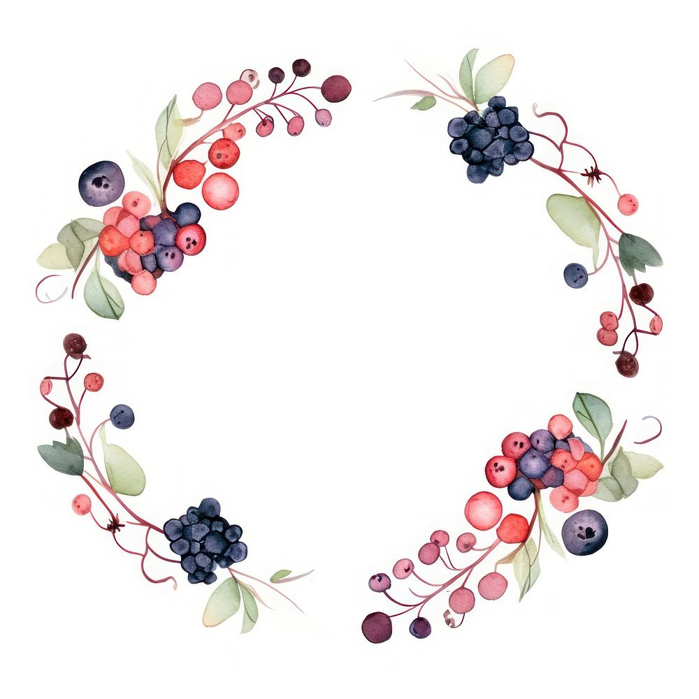 Berries and flowers circle border blueberry pattern wreath.
