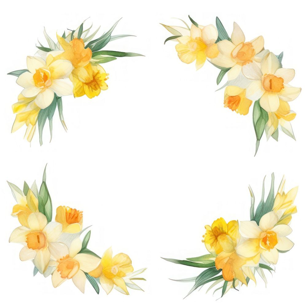 Daffodil flowers circle border wreath plant white background.
