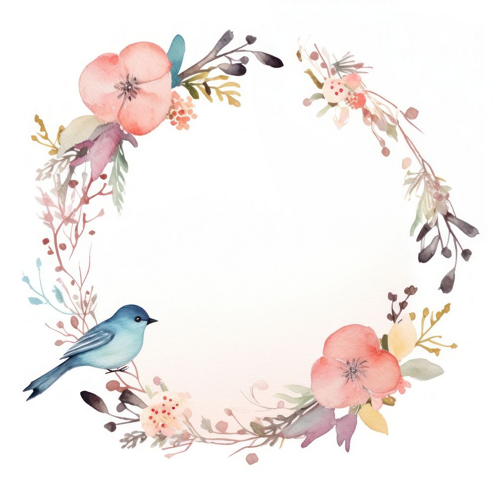 PNG Flowers with bird circle border pattern wreath white background.