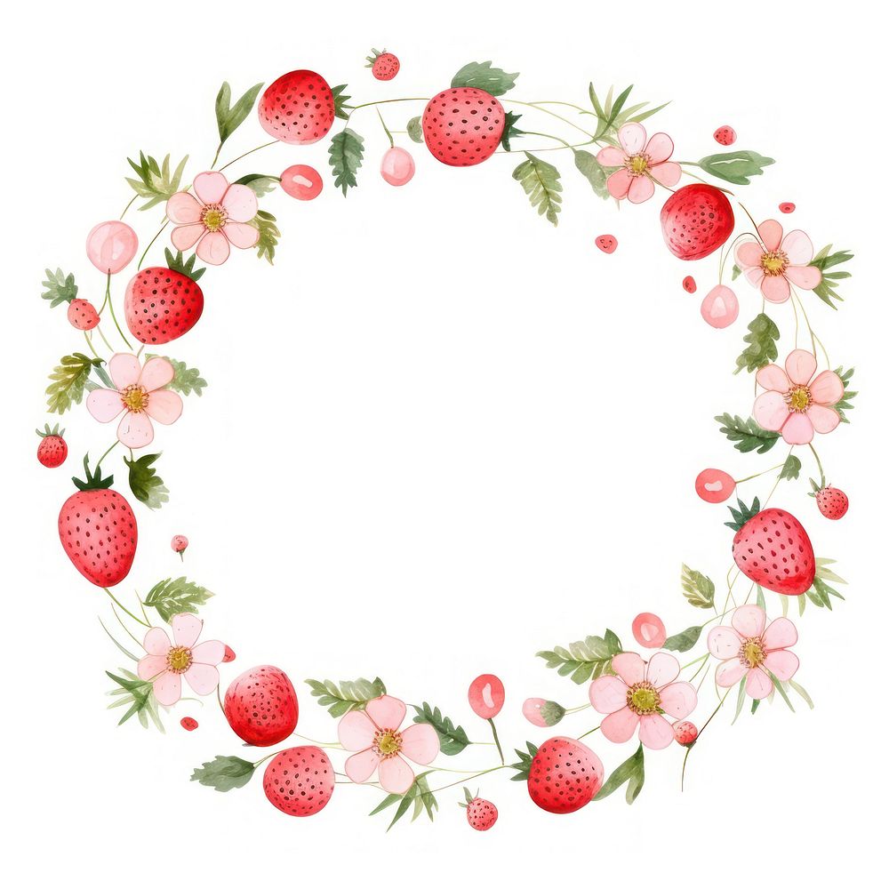 Strawberries and flowers circle border pattern strawberry wreath.