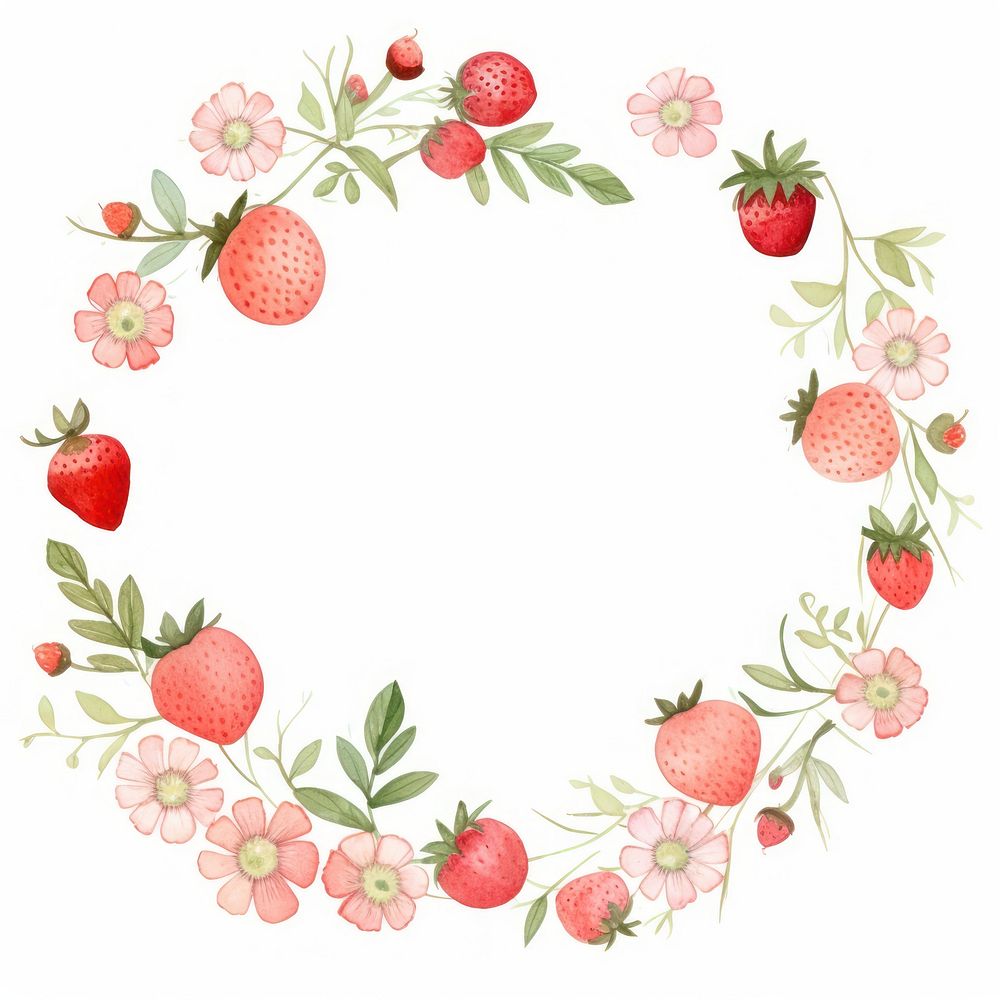 Strawberries and flowers circle border strawberry pattern wreath.