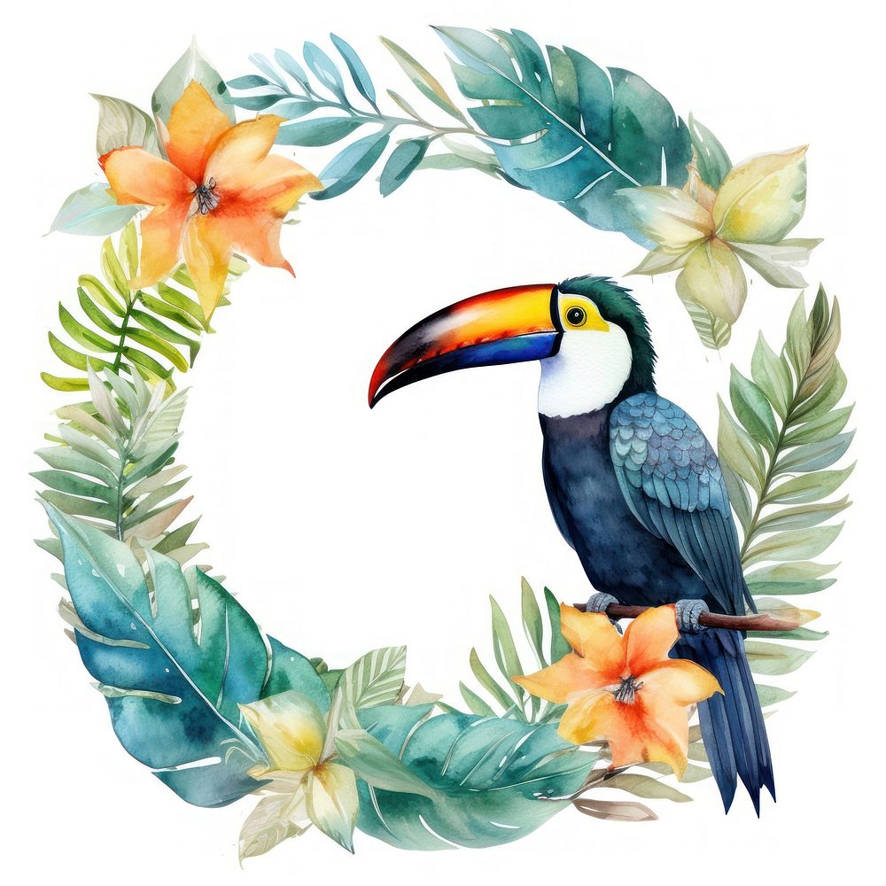 PNG Toucan in jungle circle border flower wreath plant.