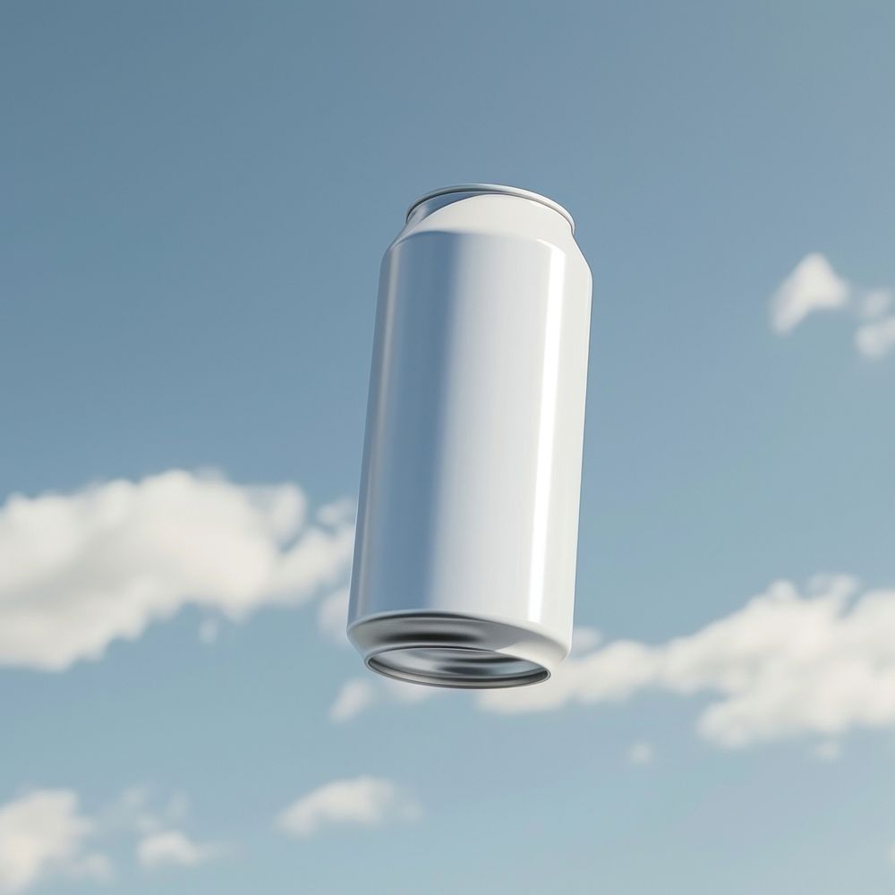 Blank beer can cylinder flying sky.