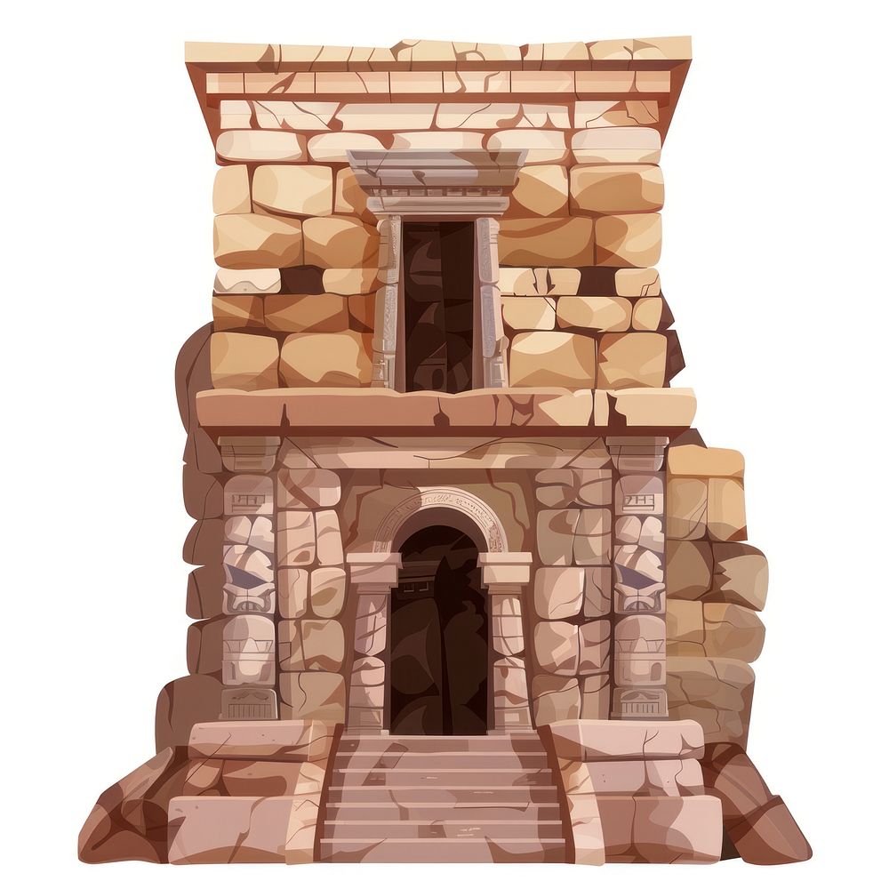 Cartoon of Ancient ruins temple architecture building fireplace.