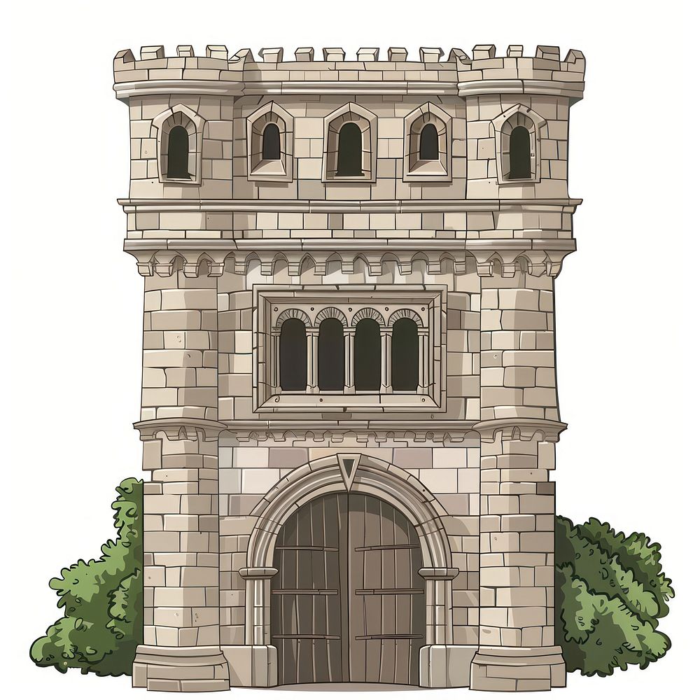 Cartoon of Arch tower architecture building white background.