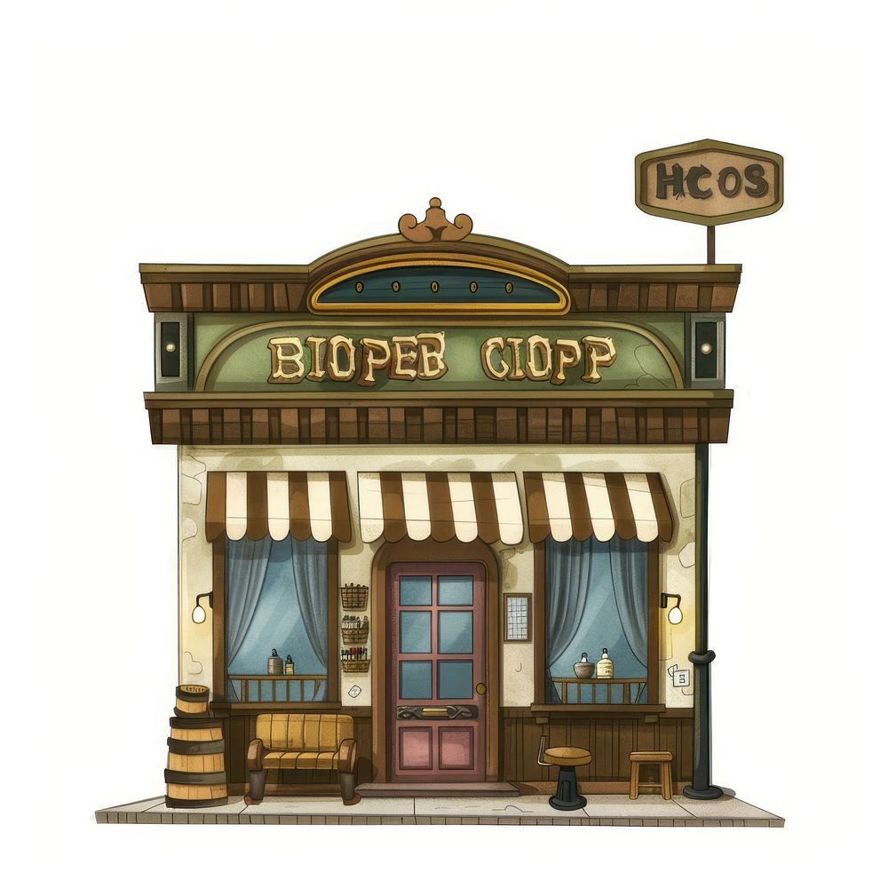 Cartoon of Barber shop architecture building restaurant.