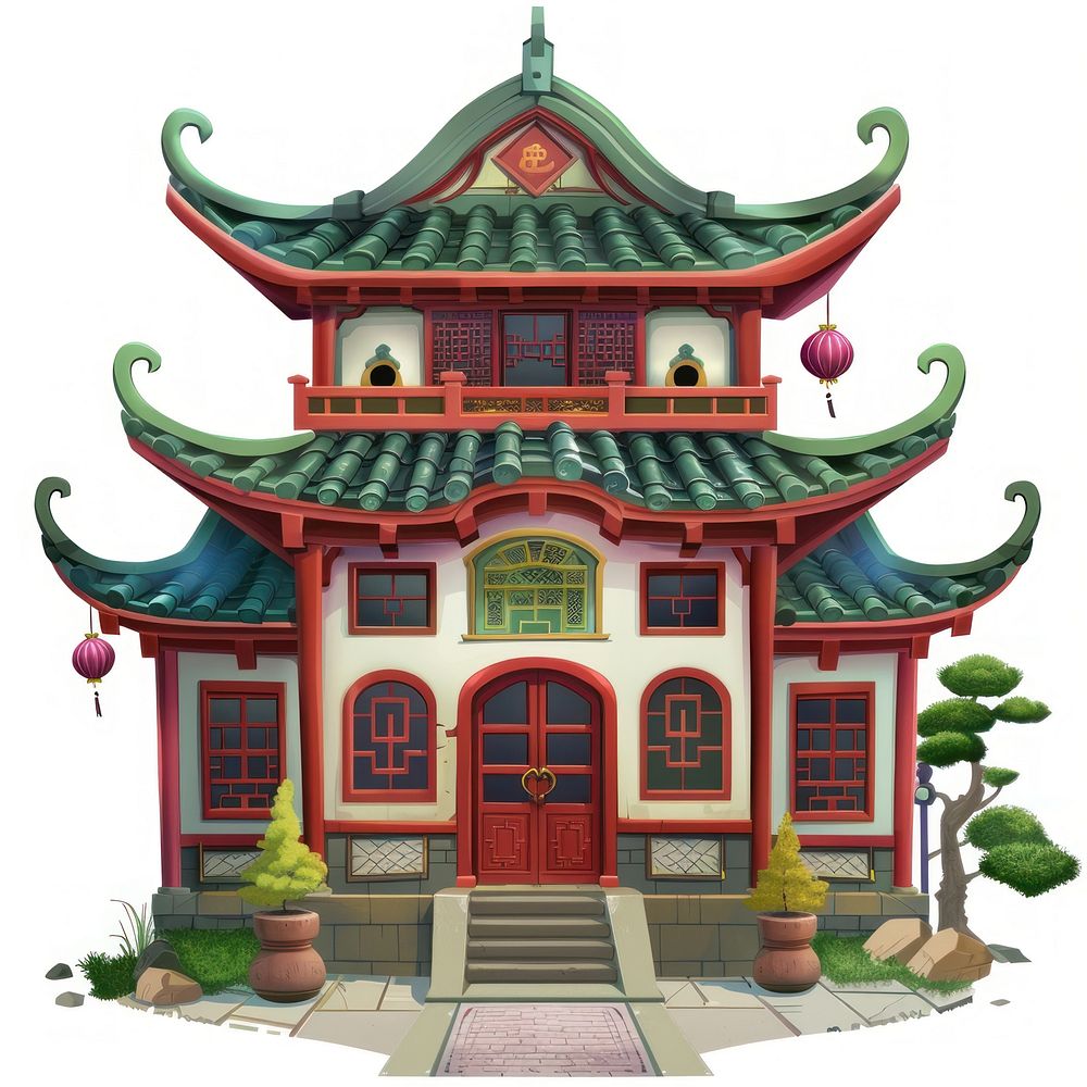 Cartoon of China House architecture building pagoda.