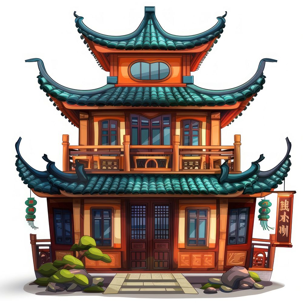 Cartoon of China House architecture building pagoda.