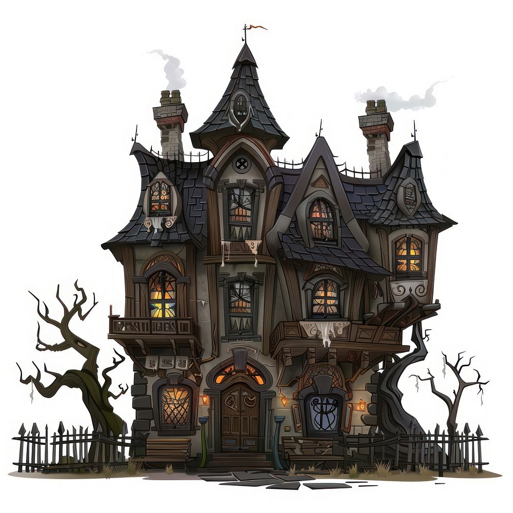 Cartoon of Haunted house architecture building white background.