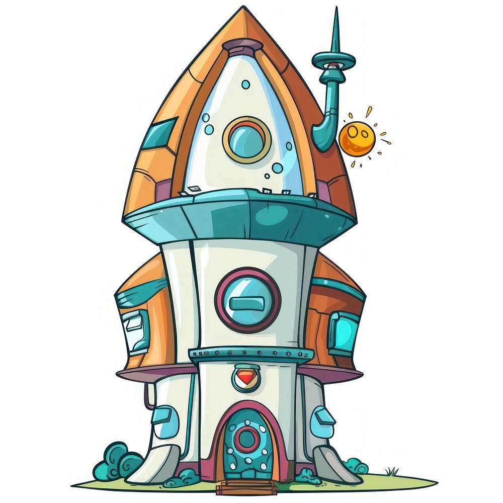 Cartoon of Space House architecture building rocket.