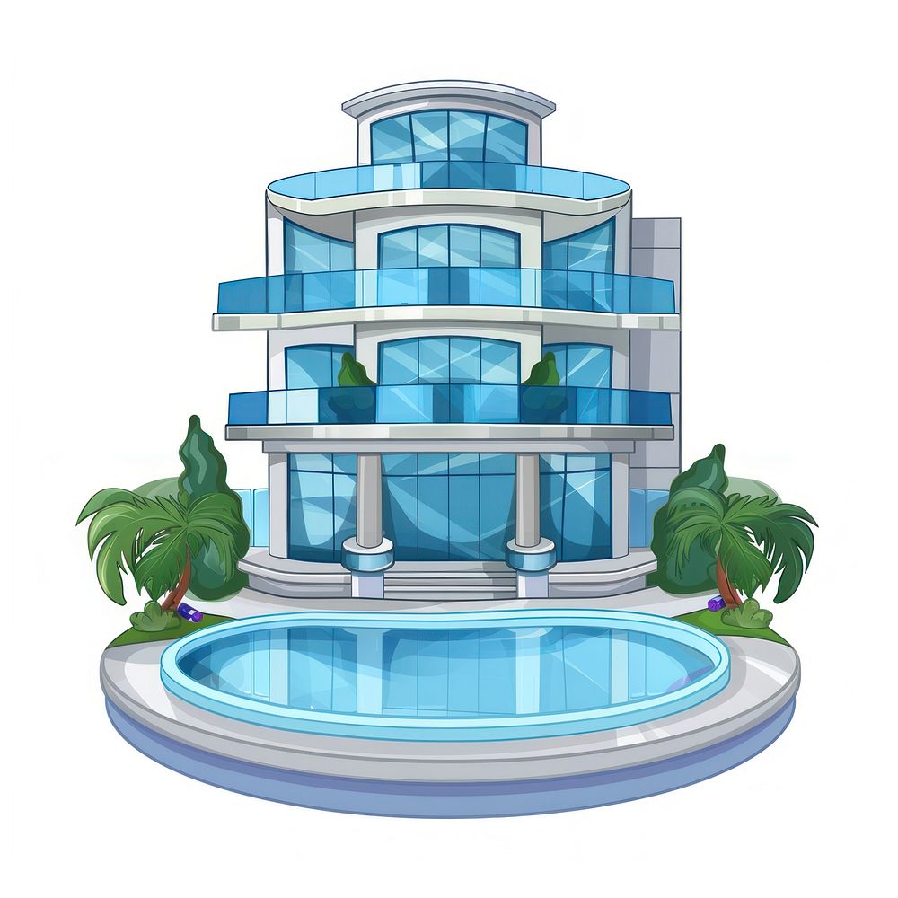 Cartoon of Swimming pool in condo architecture building house.