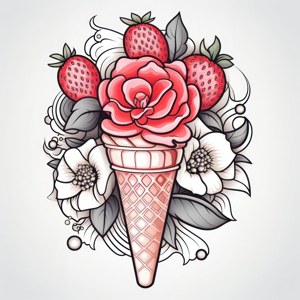 Strawberry ice cream dessert drawing sketch.