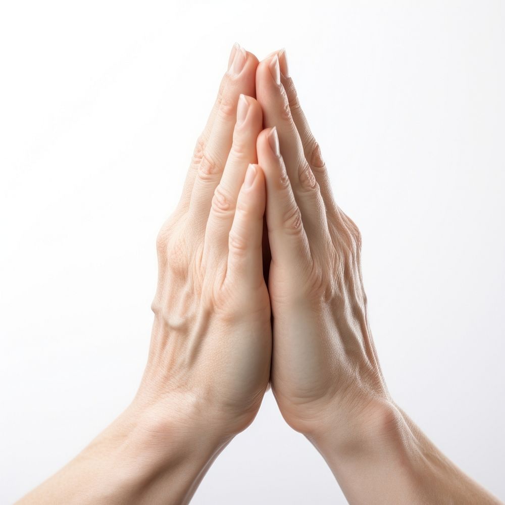 Hand praying finger adult white background.