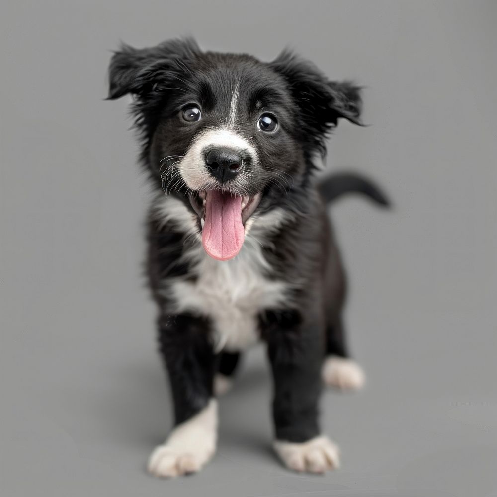 Super adorable typical black with white Border Colie dog pup panting mammal animal.