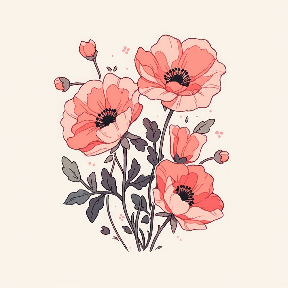 Pink poppies flower pattern drawing sketch.