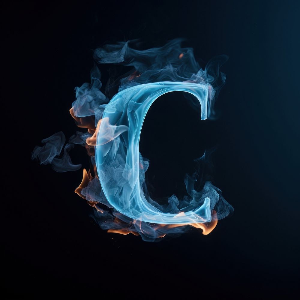 Blue flame letter C burning smoke font.