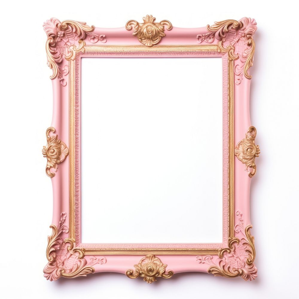 Pink gold frame vintage rectangle mirror white background.